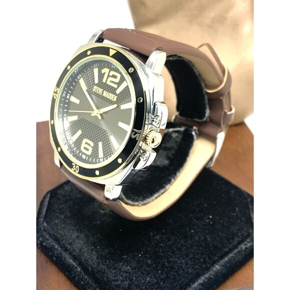 Steve Madden Men's Watch SM-9132TT Quartz Black Dial Brown Leather Band 45mm - Picture 2 of 13